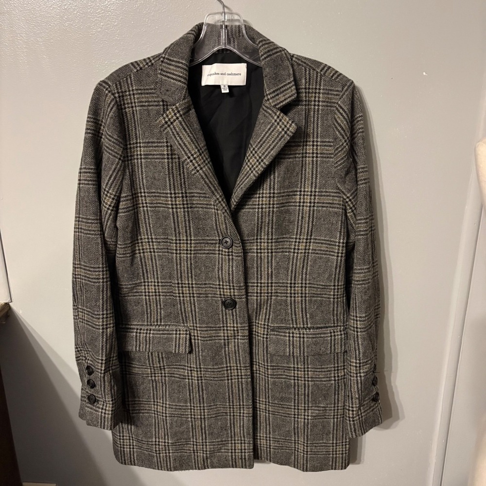 Cupcakes and Cashmere Lille Plaid Boyfriend Blazer Button (Women's S) Black Gray